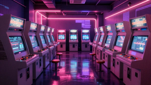 Old Pixels, New Energy playlist - neon-lit vintage arcade hall with glowing cabinets and synthwave pink and purple glow
