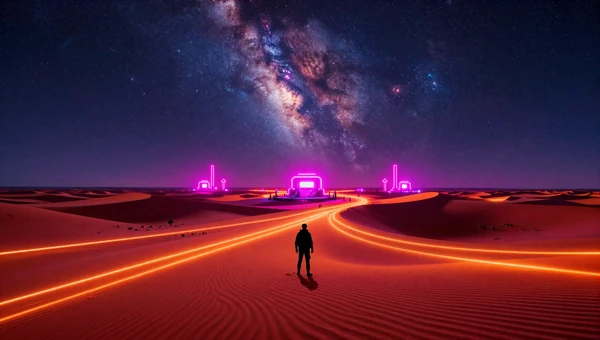 Cities After Midnight playlist - cyberpunk global desert at night with neon light trails across red sand dunes